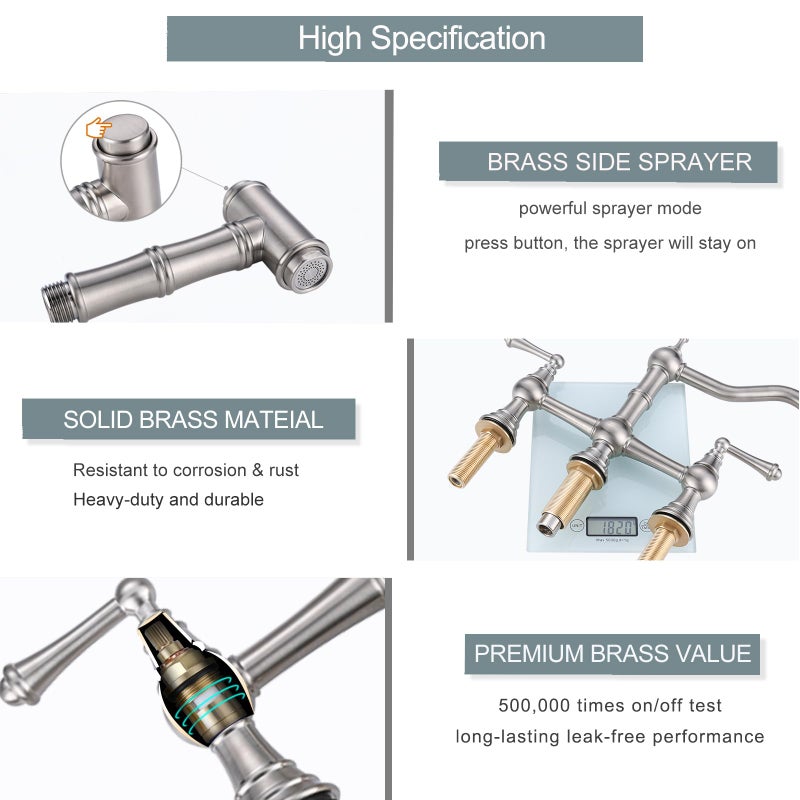 WOWOW 8 inch Centerset Bridge Kitchen Faucet with Brass Side Sprayer 2 Handles 4 Holes Antique Classic Heritage Deck-Mount Kitchen Sink Faucet, Brushed Nickel - Image 5